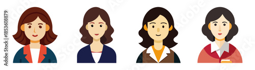Four cartoon women with short brown hair wearing business attire