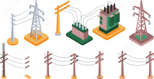 Isometric electrical power infrastructure illustration set, transmission towers utility poles transformers, electricity distribution network, energy grid components, vector design