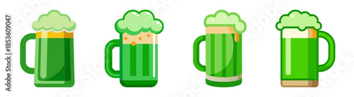 Four green beer mugs with foam st patrick's day celebration