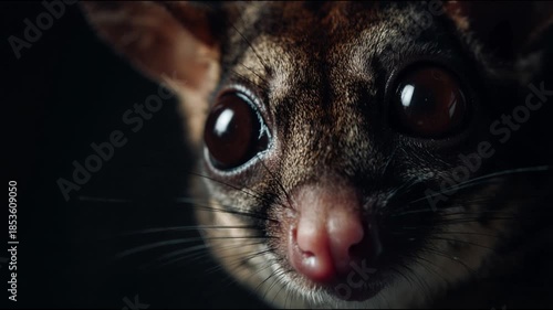 Close-up of a Cute Possum with Big Eyes in Dramatic Lighting