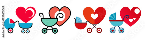 Hearts and baby carriage collection charming symbols of love and new life