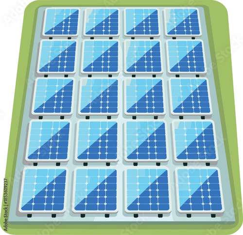 Solar panel array illustration, renewable energy power generation system, clean electricity technology, sustainable solar farm concept, modern green energy design