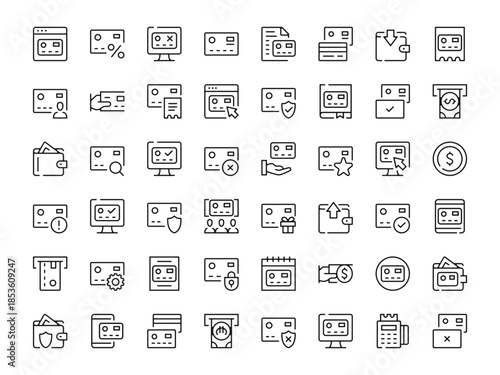 Credit card icon set. Vector line icons collection. Outline symbols. Modern design