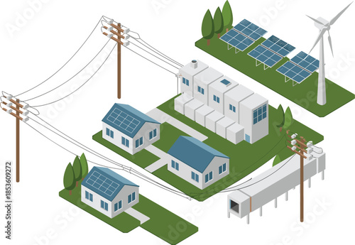 Isometric renewable energy neighborhood illustration, solar powered homes wind turbine and solar farm, smart grid electricity distribution, sustainable living concept