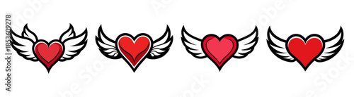 Four red hearts with angel wings