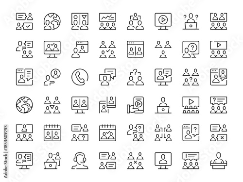 Online conference icon set. Vector line icons collection. Outline symbols. Modern design