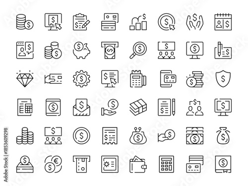 Money icon set. Vector line icons collection. Outline symbols. Modern design
