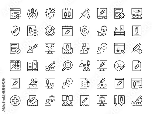 Vaccine icon set. Vector line icons collection. Outline symbols. Modern design