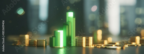 Abstract 3D bars with soft green glow and golden coins, representing business finance, wealth, and sustainable economic growth concept. banner 