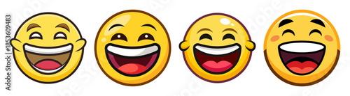 Four cheerful yellow faces showing extreme laughter and joy