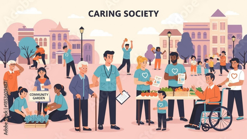 Diverse community members volunteering together in a vibrant