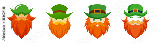 Four cute leprechaun beards with green hats and orange hues