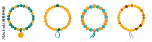 Four prayer beads bracelets with tassels in vibrant colors