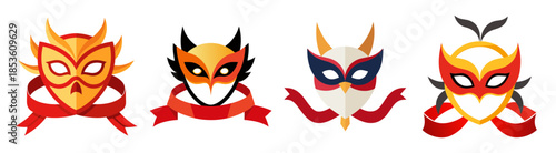 Four stylized character masks with red ribbon accents