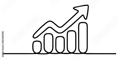 Continuous line drawing of a growing bar graph, Business growth bar chart continuous one line art drawing and growth bar chart icon simple outline vector illustration. Business financial market growth