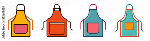 Collection of colorful kitchen aprons with pockets isolated
