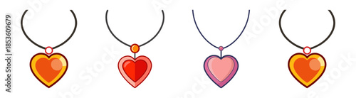 Four colorful heart-shaped pendants on chains a beautiful collection