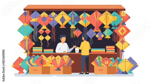 A charming flat design illustration featuring a colorful Indian kite shop or vendor stall, showcasing a vibrant array of traditional and modern kites. 
