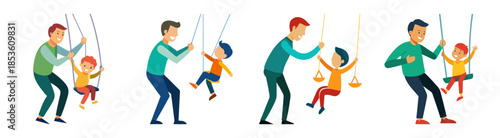 Joyful parent pushing child on swing happy outdoor play childhood fun