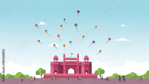 This abstract flat design illustration presents a beautiful pattern of numerous colorful kites gracefully soaring against a gradient blue sky. It focuses on the aesthetic appeal of kites as geometric 