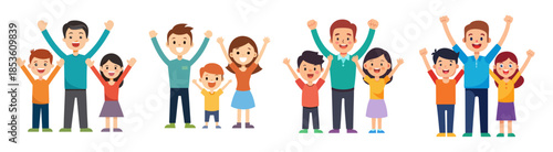 Happy families celebrating together with arms raised in cheer
