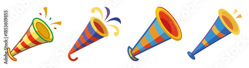 Four colorful party horns with tassels celebrating festive occasions