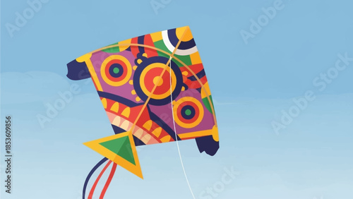 A detailed flat design illustration showcasing a single, intricately designed traditional Indian kite, featuring vibrant colors and cultural motifs, flying gracefully against a clear sky. 