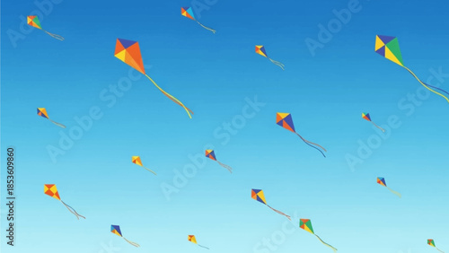 This abstract flat design illustration presents a beautiful pattern of numerous colorful kites gracefully soaring against a gradient blue sky. It focuses on the aesthetic appeal of kites as geometric 