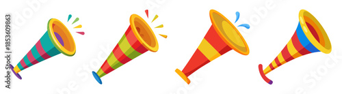 Four colorful party horns ready to celebrate any occasion