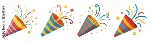 Four colorful party poppers exploding with confetti and streamers