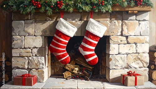 Festive fireplace scene featuring stockings, garland, gifts, and firewood logs