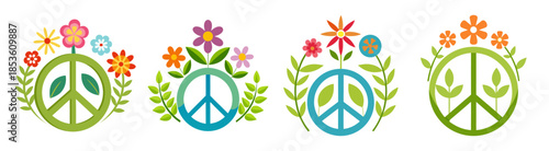 Peace symbol floral icons nature harmony and flowers collection