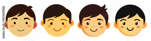Four cheerful cartoon boy faces side by side joyful expressions