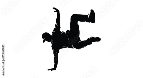 A dynamic black silhouette of a dancer performing a complex breakdancing pose with impressive energy