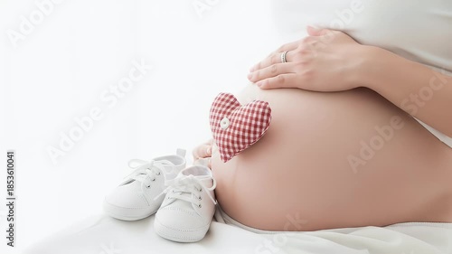 Pregnant woman gently holding her baby bump with a red heart and tiny white shoes in a bright soft lit setting representing new life
