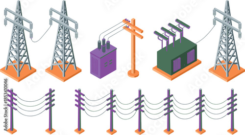 Isometric electrical infrastructure icons set, power poles pylons transformers, electricity transmission and distribution network, utility grid elements, vector illustration