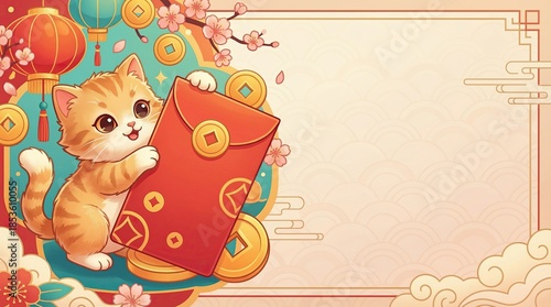 Cute Cat with Red Envelope for New Year Celebration, Lucky orange cat Chinese New Year illustration, lucky orange cat festive illustration, lucky orange cat red envelope illustration for Chinese