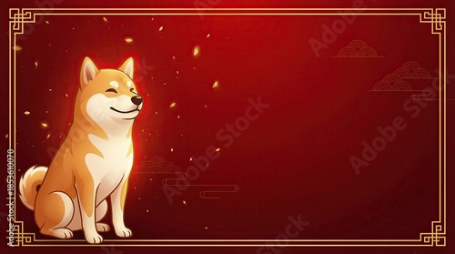 Cheerful Shiba Inu for New Year Celebration, Cute Shiba Inu Chinese New Year Illustration, Cute Shiba Inu Chinese New Year Festive Dog, Cute Shiba Inu Chinese New Year Red Gold Zodiac Background