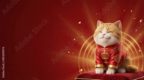 Happy Cat Celebration for New Year Festivities, smiling lucky cat chinese new year celebration, joyful smiling lucky cat chinese new year concept, adorable smiling lucky cat chinese new year 