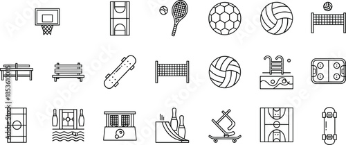 Sports, recreation, icon, silhouette, outline, equipment, court, ball, net, ramp, pool, setup, vector, black, pose, flavector, minimal, activity, leisure, grid