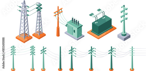Isometric electrical infrastructure icons set, power poles pylons transformers, electricity transmission and distribution network, utility grid elements, vector illustration