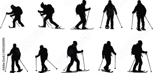 Snowshoeing, trekking, silhouette, posture, gesture, pole, backpack, winter, hiking, setup, vector, black, pose, flavector, minimal, outdoor, sport, motion, gear, activity, expedition