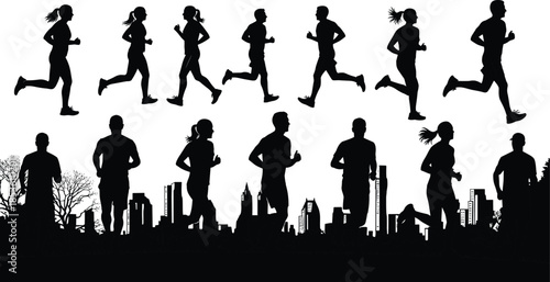 Running, city, silhouette, posture, gesture, urban, fitness, motion, jog, sprint, setup, lifestyle, vector, black, pose, flavector, minimal, exercise, health, environment