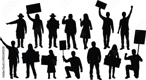 Protest, demonstration, silhouette, posture, gesture, sign, fist, kneel, stand, group, setup, vector, black, pose, flavector, minimal, activism, civic, solidarity, expression