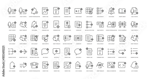 A set of vector icons representing AI productivity and assistant tools, created in line style with editable stroke