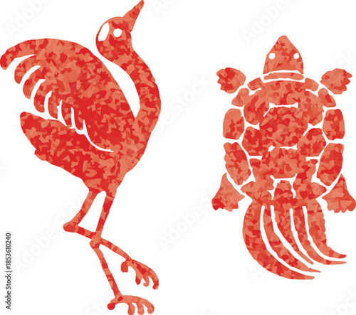 Japanese New Year lucky charm illustration set: Crane and turtle. Traditional monochrome silhouettes for longevity.