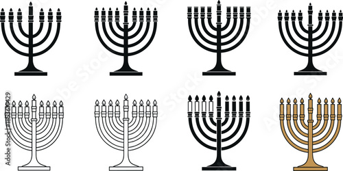 Menorah, Hanukkah, silhouette, posture, gesture, candle, flame, setup, vector, black, pose, flavector, minimal, Jewish, tradition, celebration, holiday, culture, religious, symbol, ritual