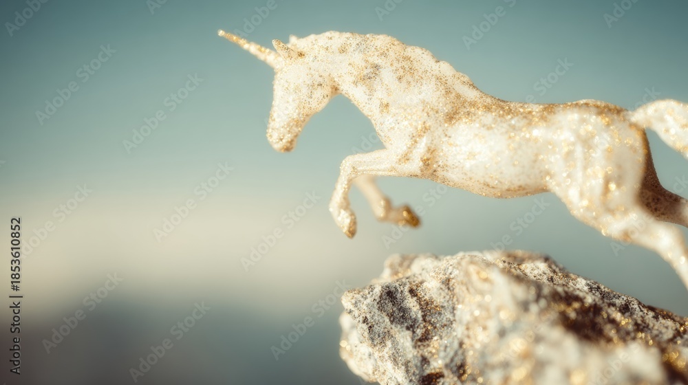 Fototapeta premium Unicorn figure jumping over a rock with a clear background
