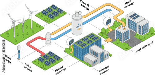 Isometric sustainable energy system illustration, solar wind power generation, smart grid storage distribution, renewable electricity infrastructure, clean energy concept