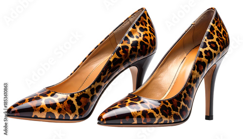 Two high-heeled shoes, featuring a glossy leopard print design, stand against a black background
